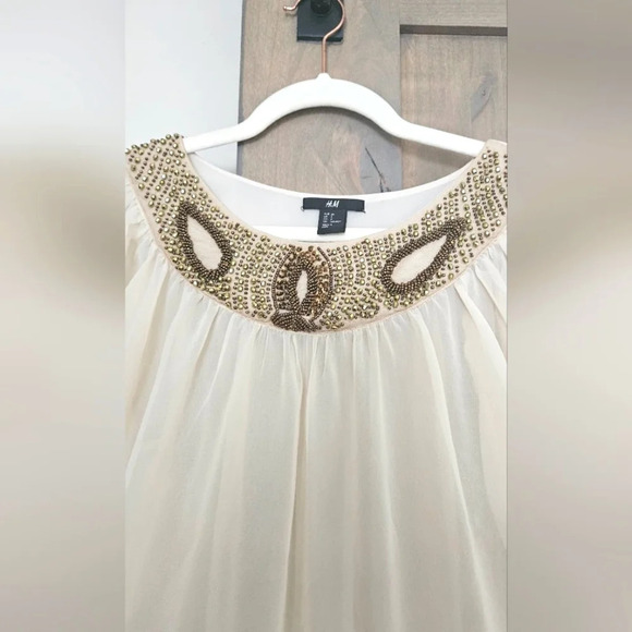 H&M Sheer cream tunic/mini dress. Gold and embellished neckline. Size 4 - Picture 2 of 8